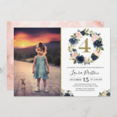 ネイビーブルーと赤面ピンクのフローラ4番目の誕生日写真 招待状 (正面/裏面)