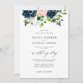 ネイビーブルーと赤面ピンクの水彩フローラ結婚ズ 招待状 (正面)