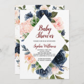 ネイビーブルーと赤面ピンクの花ベビーシャワー 招待状 (正面/裏面)