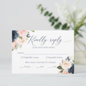 ネイビーブルーと赤面ピンクウェディングRSVPカード 出欠カード (スタンド正面)