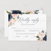 ネイビーブルーと赤面ピンクウェディングRSVPカード 出欠カード (正面/裏面)