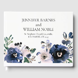 ネイビーブルーと赤面ピンクエレガントフローラ結婚ズ ゲストブック