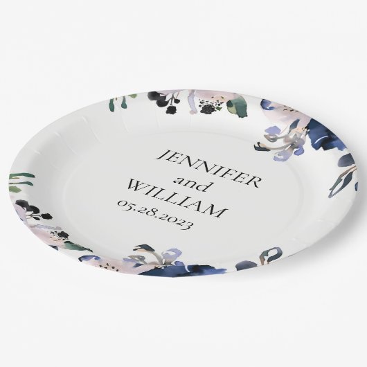 ネイビーブルーと赤面ピンクエレガントフローラ結婚ズ ペーパープレート (アングル)