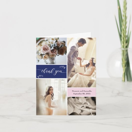 ネイビーブルーと赤面ピンクスクリプトありがとうコラージュ サンキューカード (正面)