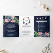 ネイビーブルーと赤面ピンクフローラオールインワン結婚ズ 三つ折り招待状 (内部)