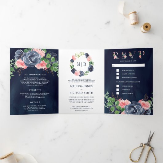 ネイビーブルーと赤面ピンクフローラオールインワン結婚ズ 三つ折り招待状 (内部)