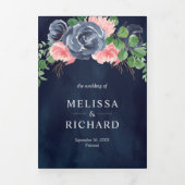 ネイビーブルーと赤面ピンクフローラオールインワン結婚ズ 三つ折り招待状 (カバー)