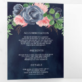 ネイビーブルーと赤面ピンクフローラオールインワン結婚ズ 三つ折り招待状 (内部最初)