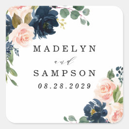 ネイビーブルーと赤面ピンクフローラカントリーウェディング スクエアシール