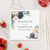 ネイビーブルーと赤面ピンクフローラカントリーウェディング スタンダードランチョンナプキン (インサイチュ)