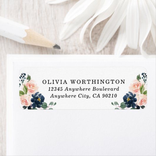 ネイビーブルーと赤面ピンクフローラカントリーウェディング ラベル (インサイチュ)