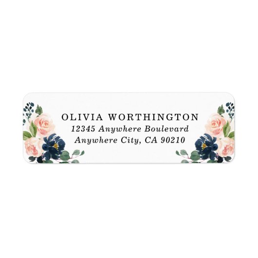 ネイビーブルーと赤面ピンクフローラカントリーウェディング ラベル (正面)