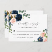 ネイビーブルーと赤面ピンクフローラカントリーウェディング 出欠カード (正面/裏面)