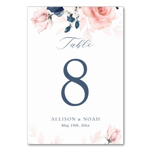 ネイビーブルーと赤面ピンクフローラシーティングテーブルカード テーブルナンバー (裏面)
