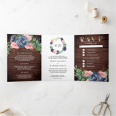 ネイビーブルーと赤面ピンクフローラバーンウッド結婚ズ 三つ折り招待状 (内部)