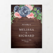 ネイビーブルーと赤面ピンクフローラバーンウッド結婚ズ 三つ折り招待状 (カバー)