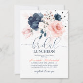 ネイビーブルーと赤面ピンクフローラブライダルシャワー 招待状 (正面)