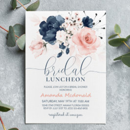 ネイビーブルーと赤面ピンクフローラブライダルシャワー 招待状