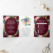 ネイビーブルーと赤面ピンクフローラブルゴーニュ結婚ーズ 三つ折り招待状 (内部)
