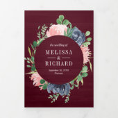 ネイビーブルーと赤面ピンクフローラブルゴーニュ結婚ーズ 三つ折り招待状 (カバー)