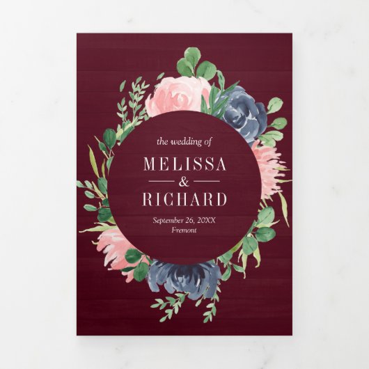 ネイビーブルーと赤面ピンクフローラブルゴーニュ結婚ーズ 三つ折り招待状 (カバー)