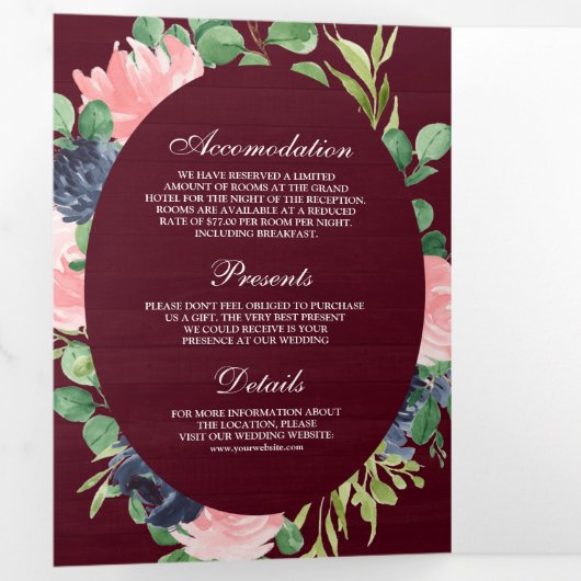 ネイビーブルーと赤面ピンクフローラブルゴーニュ結婚ーズ 三つ折り招待状 (内部最初)