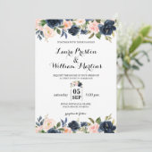 ネイビーブルーと赤面ピンクフローラ水色結婚の 招待状 (スタンド正面)