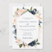 ネイビーブルーと赤面ピンクフローラ結婚式招待状 招待状 (正面)