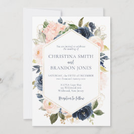 ネイビーブルーと赤面ピンクフローラ結婚式招待状 招待状