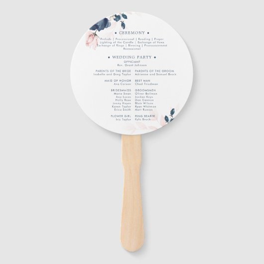 ネイビーブルーと赤面ピンクフローラ結婚式 プログラム ハンドファン (裏面)