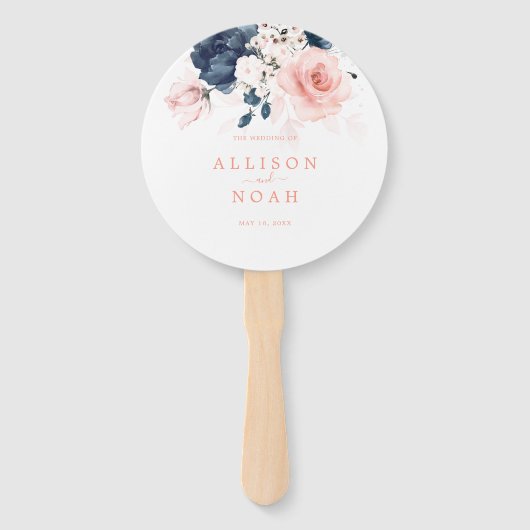 ネイビーブルーと赤面ピンクフローラ結婚式 プログラム ハンドファン (正面)