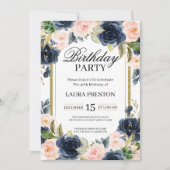 ネイビーブルーと赤面ピンクフローラ誕生日 招待状 (正面)