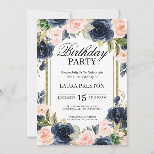 ネイビーブルーと赤面ピンクフローラ誕生日 招待状 (正面)