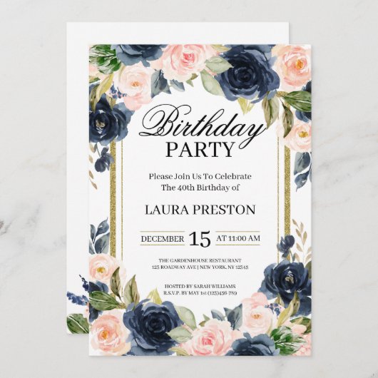 ネイビーブルーと赤面ピンクフローラ誕生日 招待状 (正面/裏面)