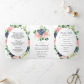 ネイビーブルーと赤面ピンクフローラ3 結婚 in 1 三つ折り招待状 (内部)