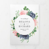 ネイビーブルーと赤面ピンクフローラ3 結婚 in 1 三つ折り招待状 (カバー)