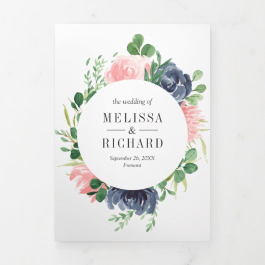 ネイビーブルーと赤面ピンクフローラ3 結婚 in 1 三つ折り招待状 (カバー)