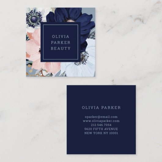 ネイビーブルーと赤面ピンクフローラ スクエア名刺 (正面/裏面)