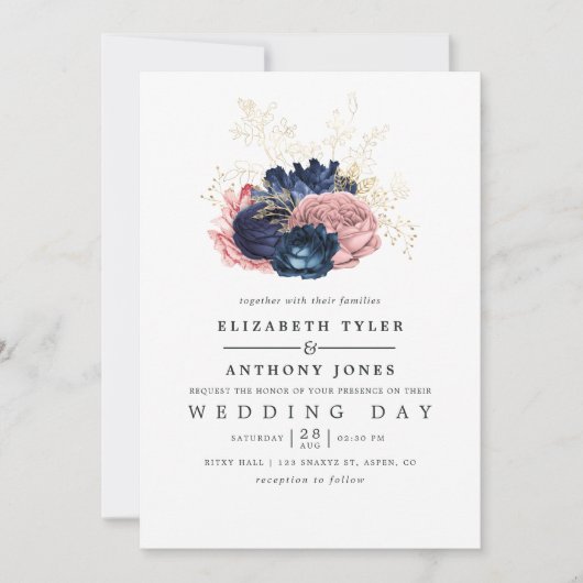 ネイビーブルーと赤面ピンクヴィンテージ結婚バラ 招待状 (正面)