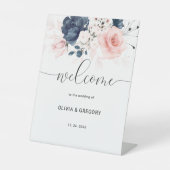 ネイビーブルーと赤面ピンク結婚のウェルカムサイン 台座サイン (正面)