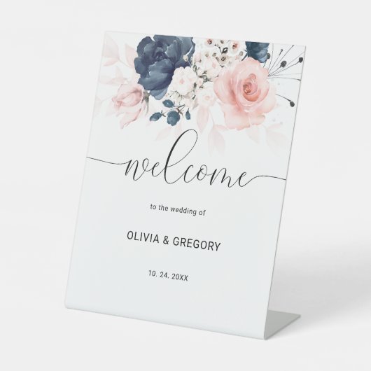 ネイビーブルーと赤面ピンク結婚のウェルカムサイン 台座サイン (正面)