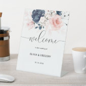 ネイビーブルーと赤面ピンク結婚のウェルカムサイン 台座サイン (インサイチュ)