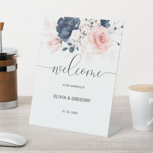 ネイビーブルーと赤面ピンク結婚のウェルカムサイン 台座サイン (インサイチュ)