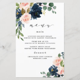 ネイビーブルーと赤面ピンク結婚フローラのメニューカード
