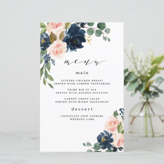 ネイビーブルーと赤面ピンク結婚フローラのメニューカード (スタンド正面)