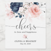 ネイビーブルーと赤面ピンク結婚フローラのワインラベル ワインラベル (シングルラベル)
