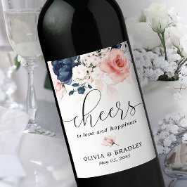 ネイビーブルーと赤面ピンク結婚フローラのワインラベル ワインラベル