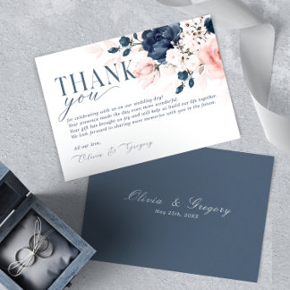 ネイビーブルーと赤面ピンク結婚フローラサンキュー 出欠カード