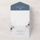 ネイビーブルーと赤面ピンク結婚フローラ オールインワン招待状 (外側)