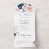 ネイビーブルーと赤面ピンク結婚フローラ オールインワン招待状 (内側)
